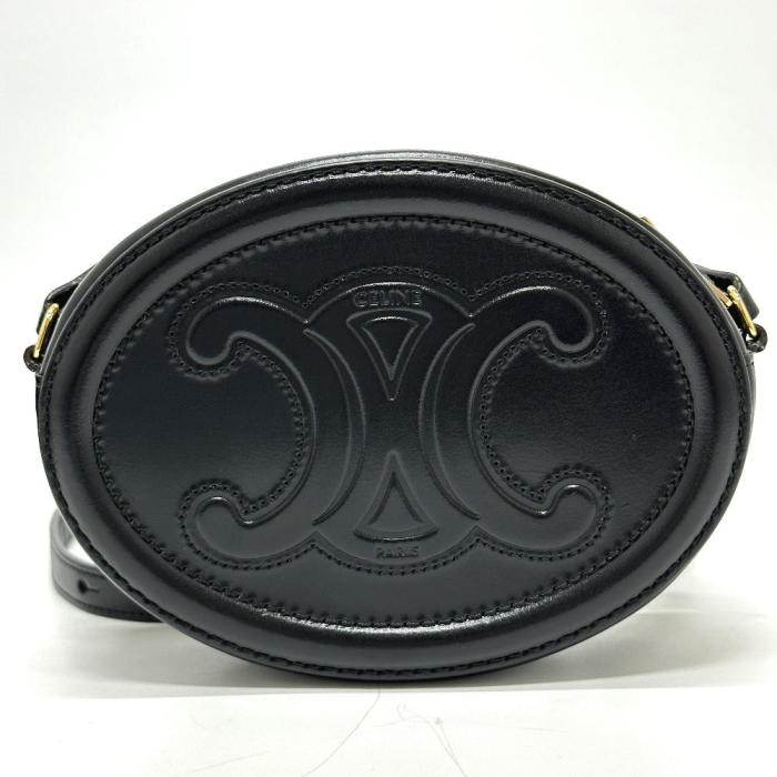 CELINE Shoulder Bag leather black Triomphe Oval Purse Cuir Women Used 