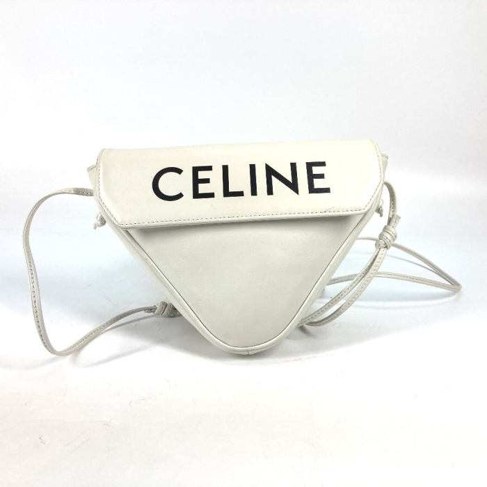 CELINE Shoulder Bag leather white Triangle logo triangle Women Used Au