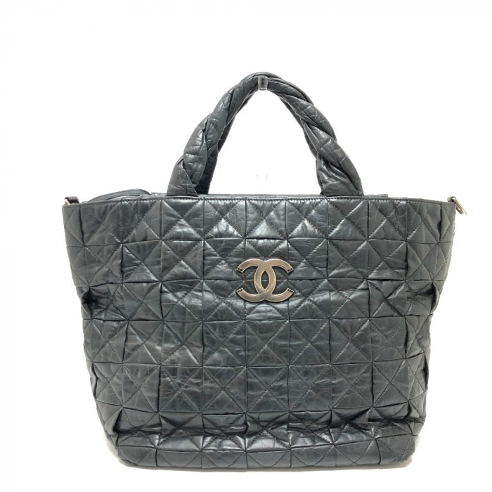 CHANEL Tote Bag leather black Woven Shoulder Bag CC COCO Mark Quilting