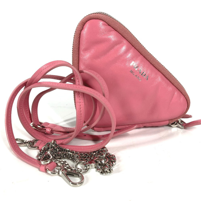 PRADA Shoulder Bag leather pink Chain Double triangle logo plate Women