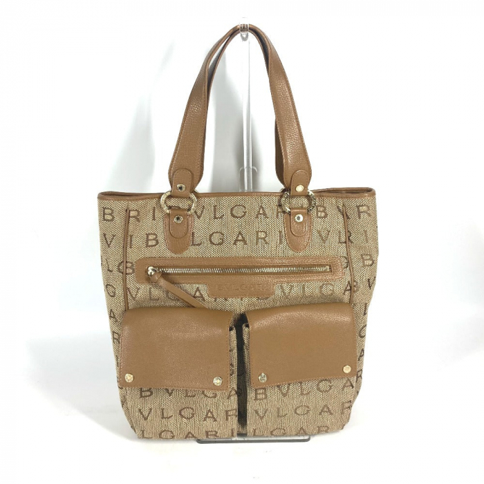 BVLGARI Tote Bag 801904 Leather / canvas beige Maxi logo Logo mania Wo