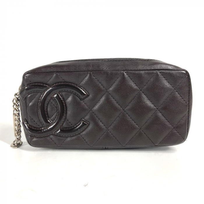 CHANEL Pouch leather Brown Makeup pouch Cosmetics Pouch Cambon line Wo