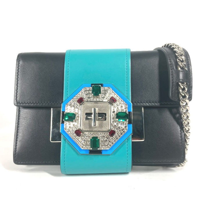 PRADA Shoulder Bag 1BD067 leather black 2WAY bag Chain Crystal rhinest