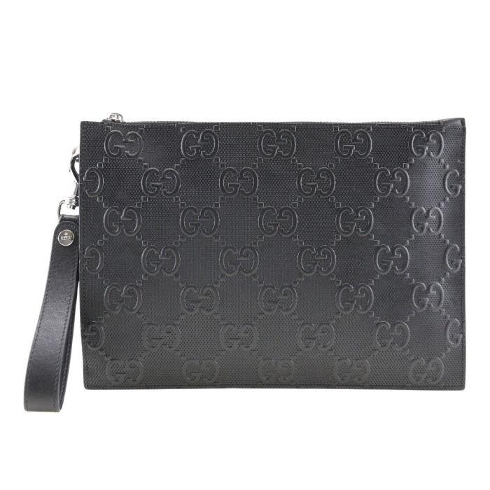 GUCCI Clutch bag 625569 leather black GG emboss mens Used Authentic