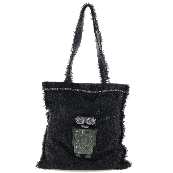 CHANEL Tote Bag A94646 tweed Black/Silver Metal robot COCO Mark unisex