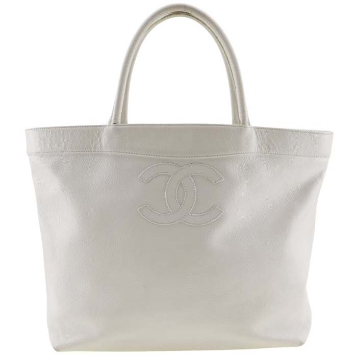 CHANEL Tote Bag Caviar skin White COCO Mark Women Used Authentic