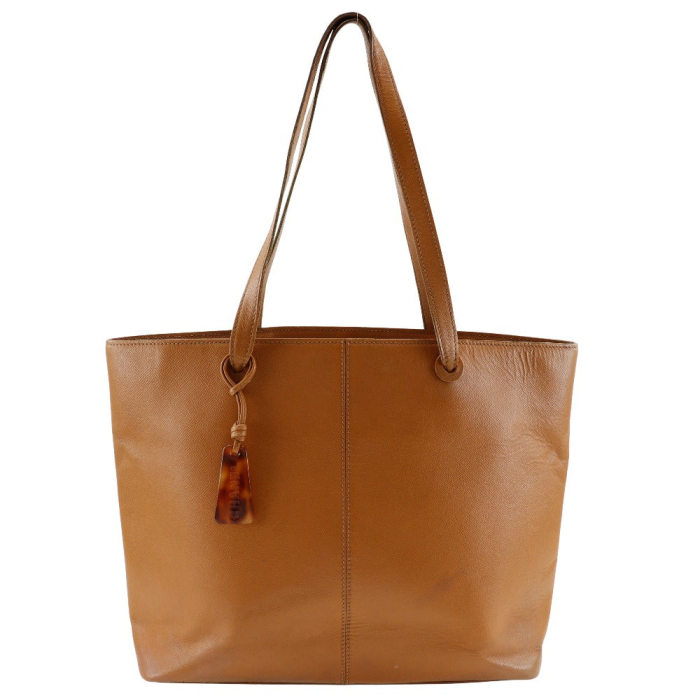 CHANEL Tote Bag leather Brown Logo charm Women Used Authentic