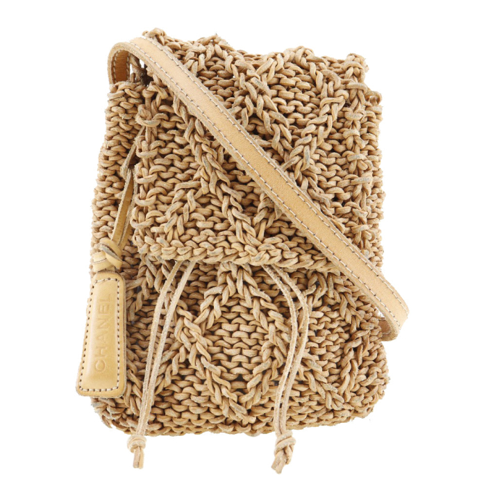 CHANEL Shoulder Bag leather Brown logo Pochette Braid Women Used Authe