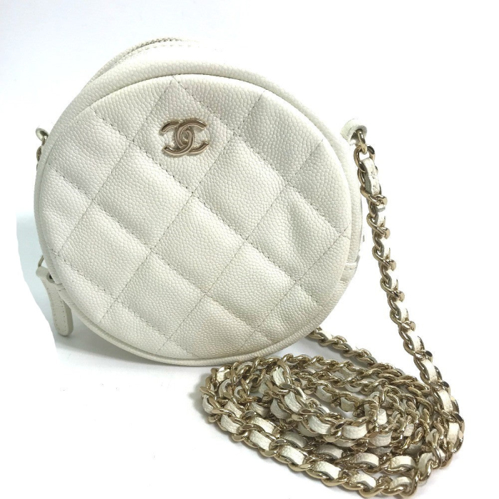 CHANEL Shoulder Bag Caviar skin white CC COCO Mark Quilted Pochette Ma