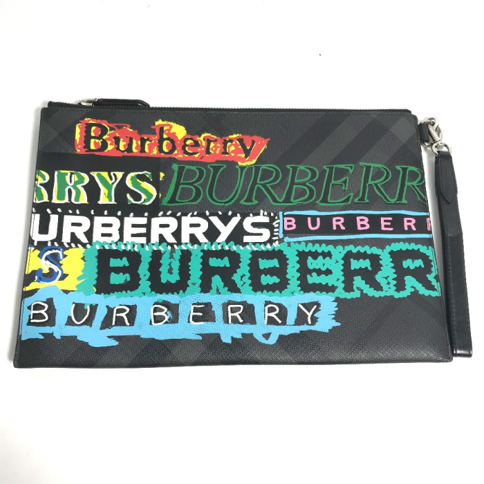 BURBERRY Clutch bag leather black Graffiti Check Women Used Authentic