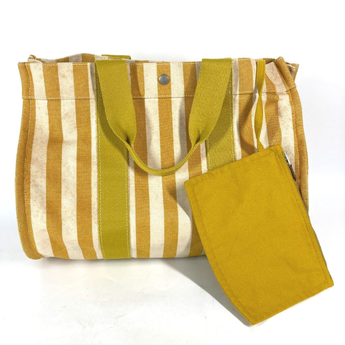 HERMES Tote Bag canvas yellow With porch Cannes MM Stripes Women Used 