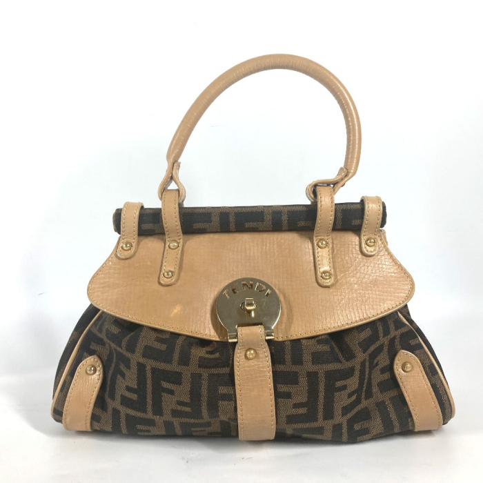 FENDI Handbag Leather / canvas Brown Turn lock Zucca