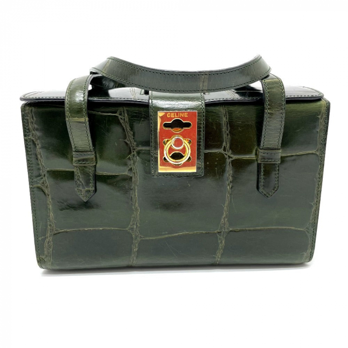 CELINE Handbag leather green Croco embossed Handbag Women Used Authent