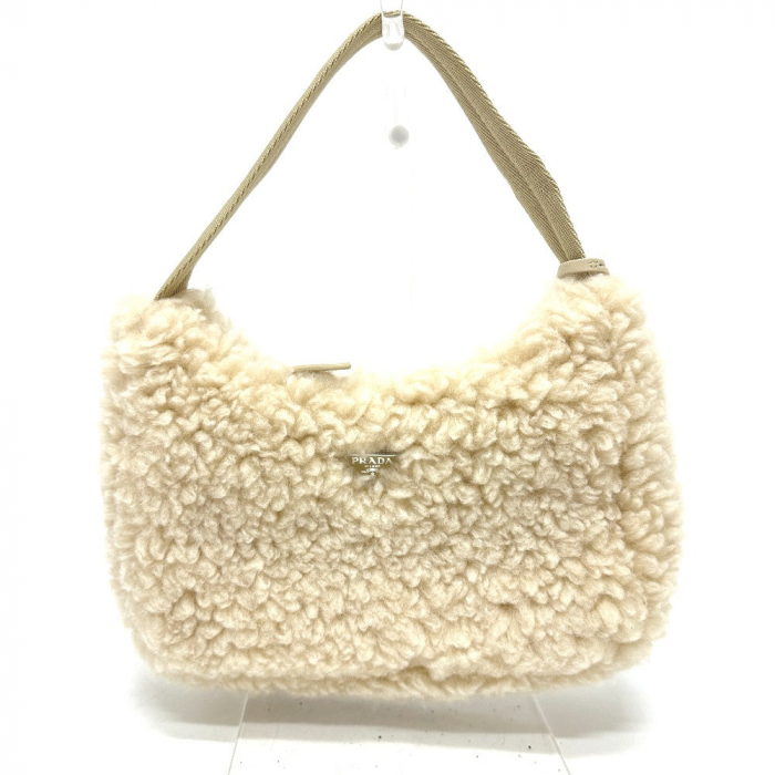 PRADA Handbag 1NE515 Sheep fur beige Triangle logo Women Used Authenti