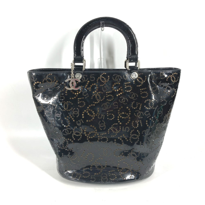 CHANEL Tote Bag Patent leather black punching logo CC COCO Mark NO5 Wo
