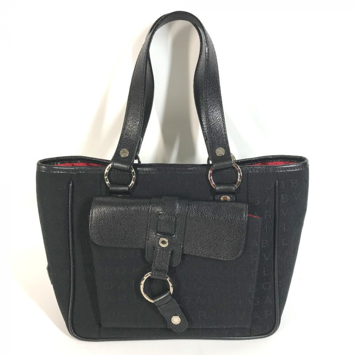 BVLGARI Shoulder Bag Leather / canvas black Tote Bag Logo mania Women 