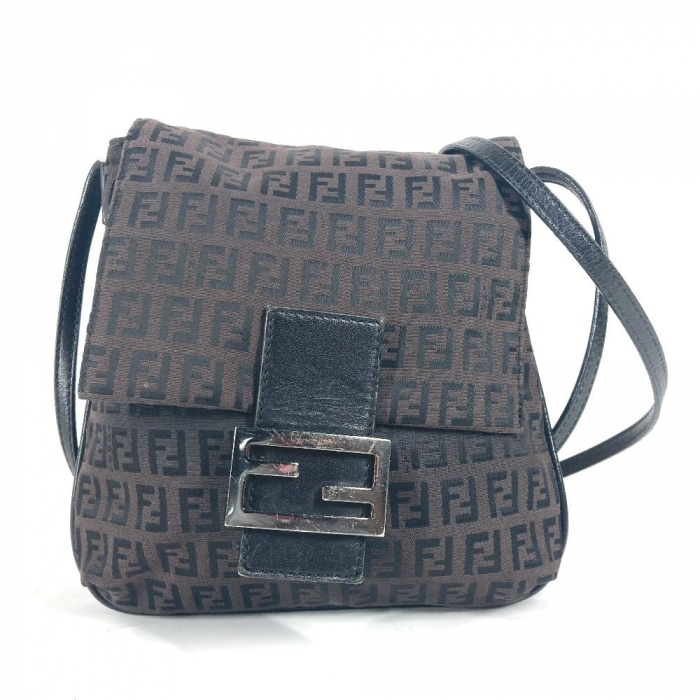 FENDI Shoulder Bag Leather / canvas Brown Zucchino logo flap Women Use