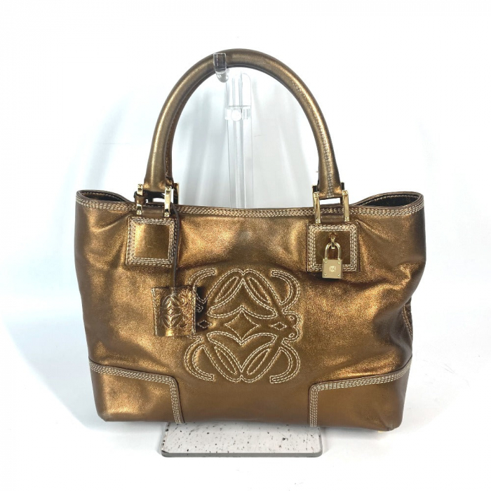LOEWE Shoulder Bag leather Metallic brown logo anagram Women Used Auth