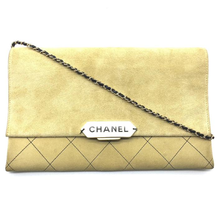 CHANEL Shoulder Bag suede Beige x Gold Metal CHANEL logo Matrasse Wome