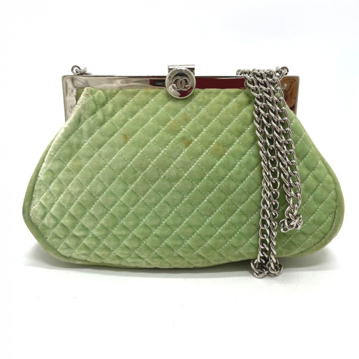 CHANEL Shoulder Bag Velor Green x Silver Metal COCO Mark Matrasse Wome