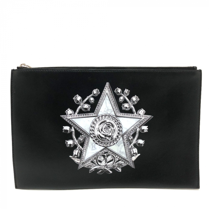 DIOR HOMME Clutch bag leather black Star x Rose Paint mens Used Authen