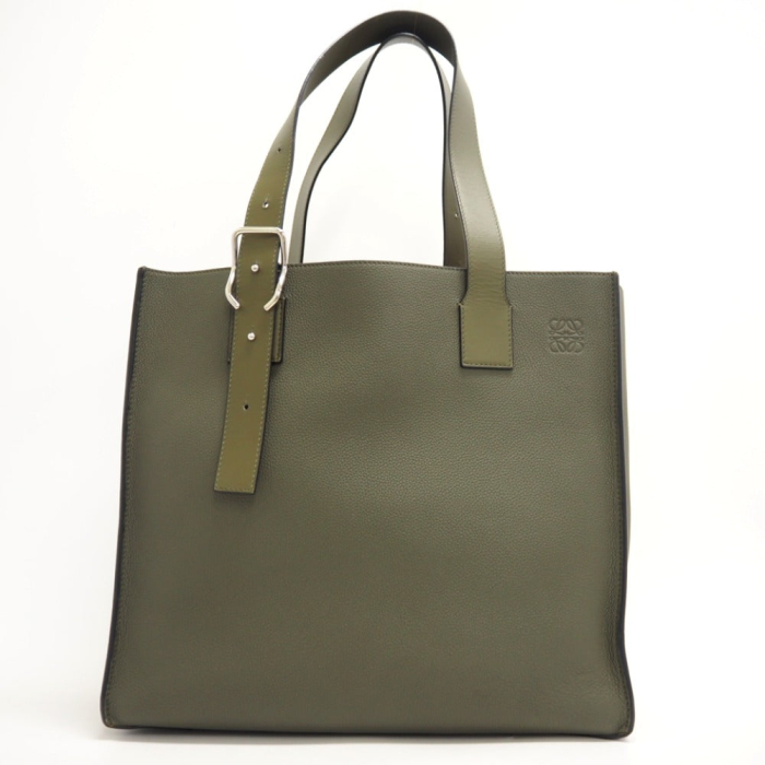 LOEWE Tote Bag leather khaki anagram buckle tote Women Used Authentic